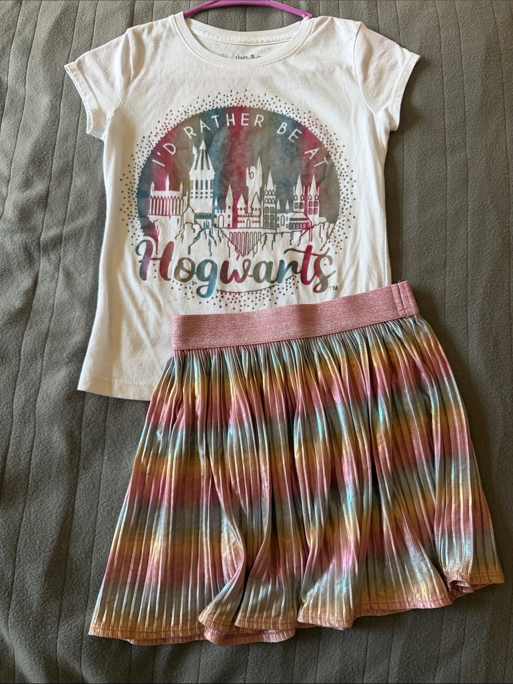 Warner Bros. Hogwarts Girls White Tee and Rainbow Pleated Skirt Set